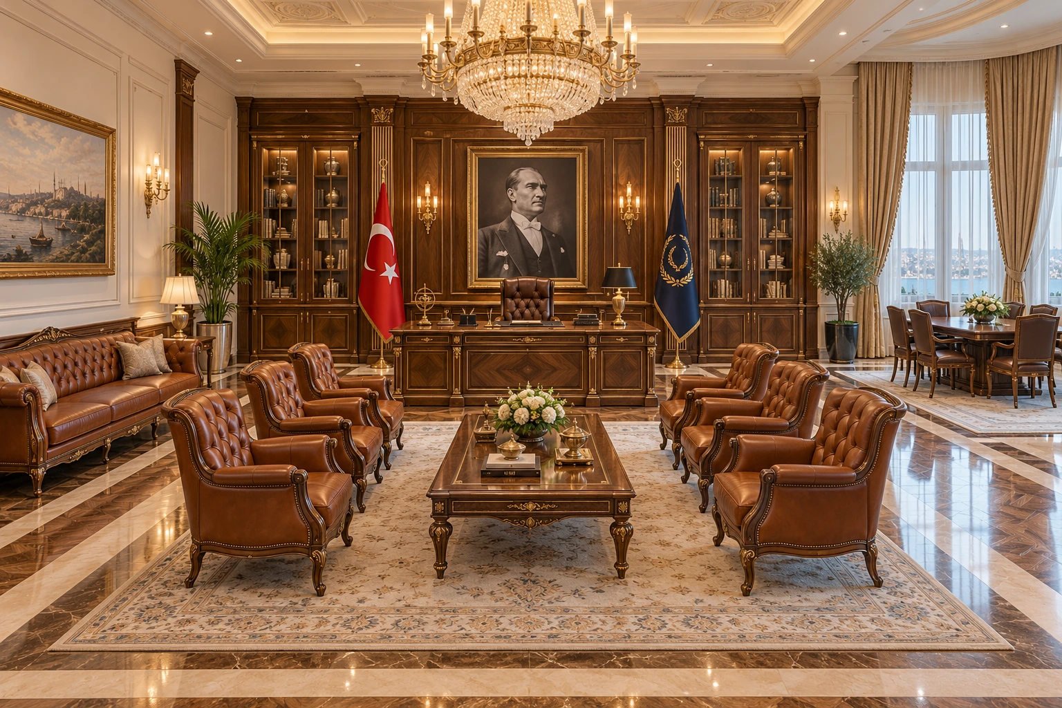 Atatürk portresi, Türk bayrağı, temsili kurum flaması ve altı berjerli lüks klasik makam odası